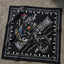 Black bandana laid flat showing a skull riding a motorcycle with compass border and text reading Brotherhood, Perseverance, American Made
