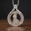 hobo nickel skull coin pendant necklace — 1921 dollar coin with skull portrait engraving in open circular silver frame, skull bail on box chain