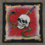 Black bandana laid flat showing a white skull pierced by a dagger with a green snake coiling around it, set against a red sunburst background with gold corner ornaments