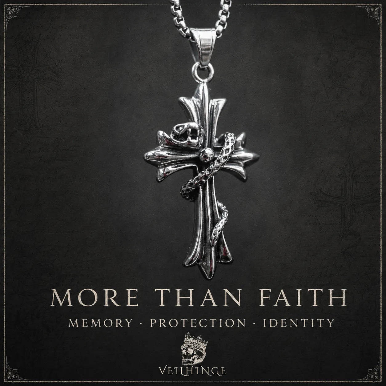 Silver gothic cross pendant with a small skull and coiled serpent displayed against a dark tattoo-flash background.