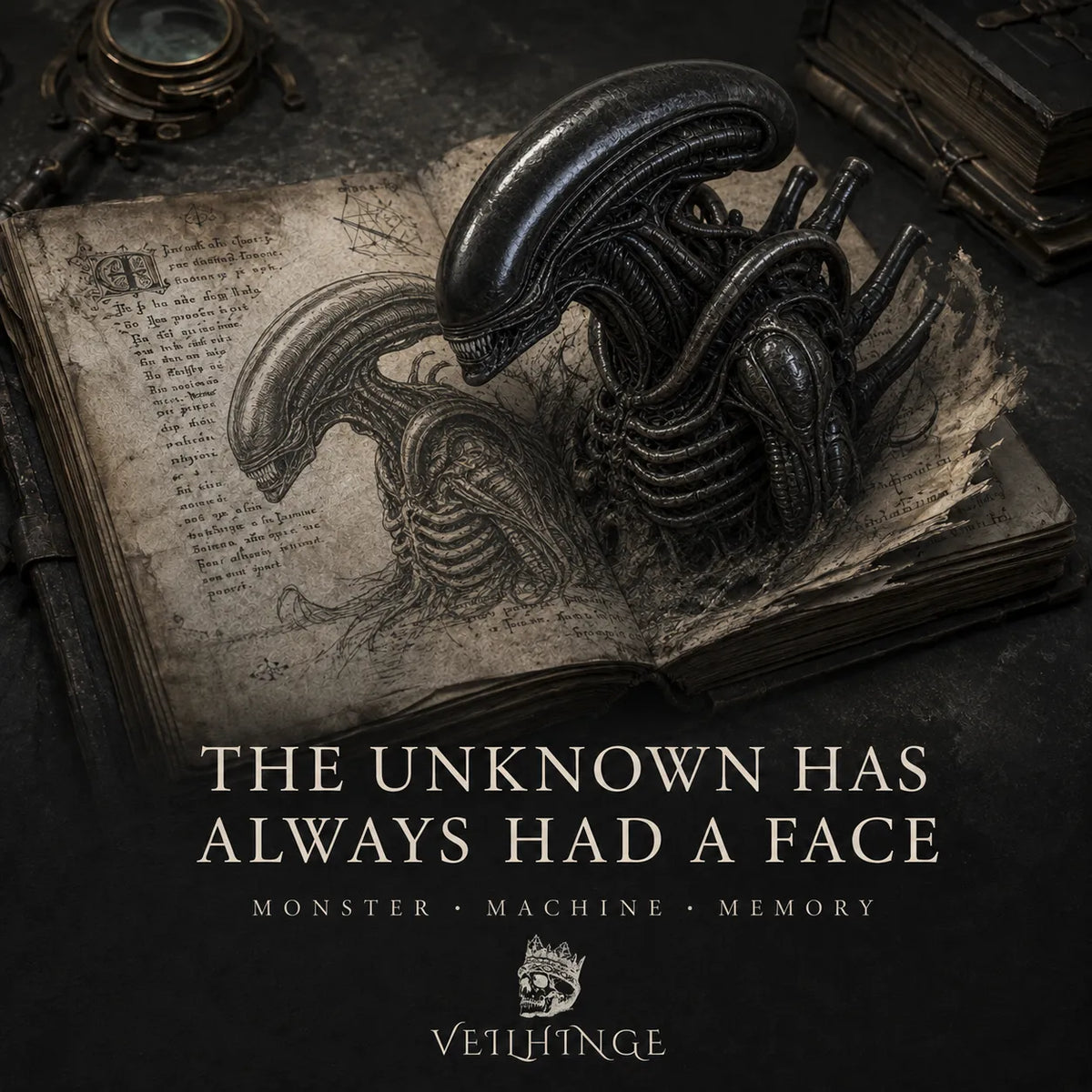 Xenomorph-like biomechanical creature emerging from an illustrated medieval bestiary manuscript on a dark museum table.