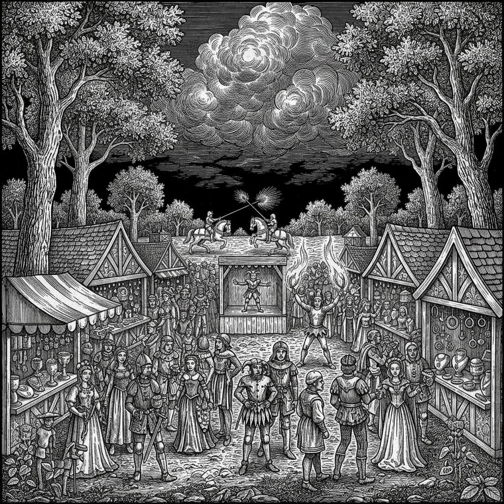 American Renaissance fair scene with jousting knights, Tudor-style booths and costumed crowd – Victorian woodcut illustration for best jewelry guide for Renaissance fairs and medieval events 2026