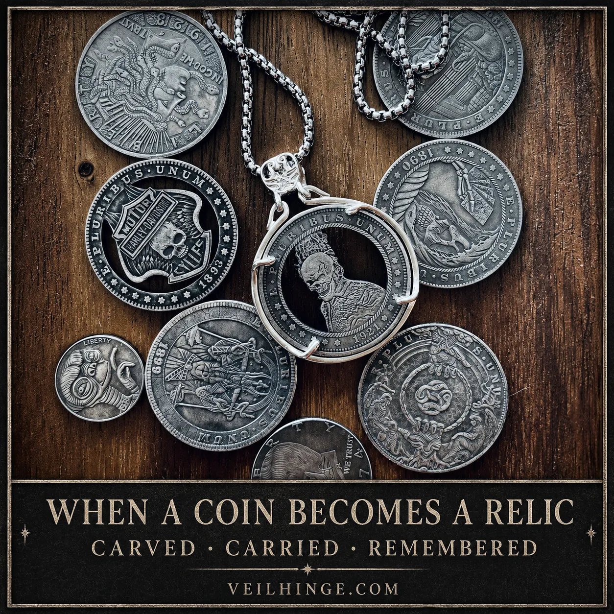 Collection of carved coin art pieces and a crowned skull coin pendant displayed on a weathered wooden surface.