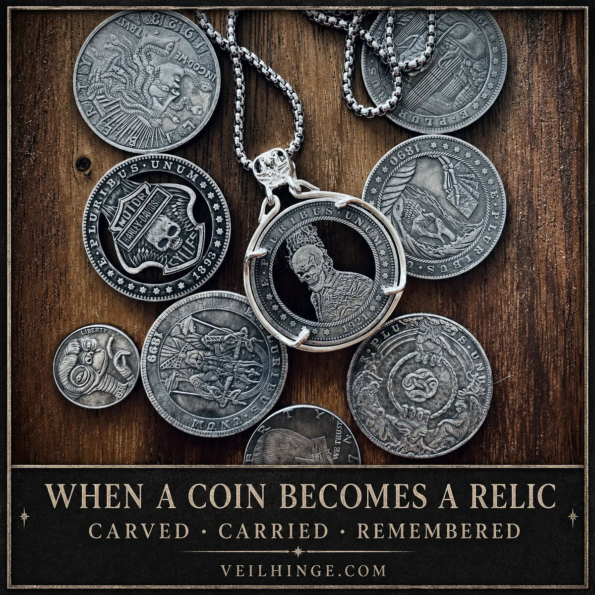 Collection of carved coin art pieces and a crowned skull coin pendant displayed on a weathered wooden surface.