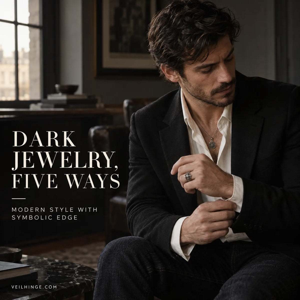 Man in modern tailoring wearing a symbolic pendant and ring for a restrained dark aesthetic look.