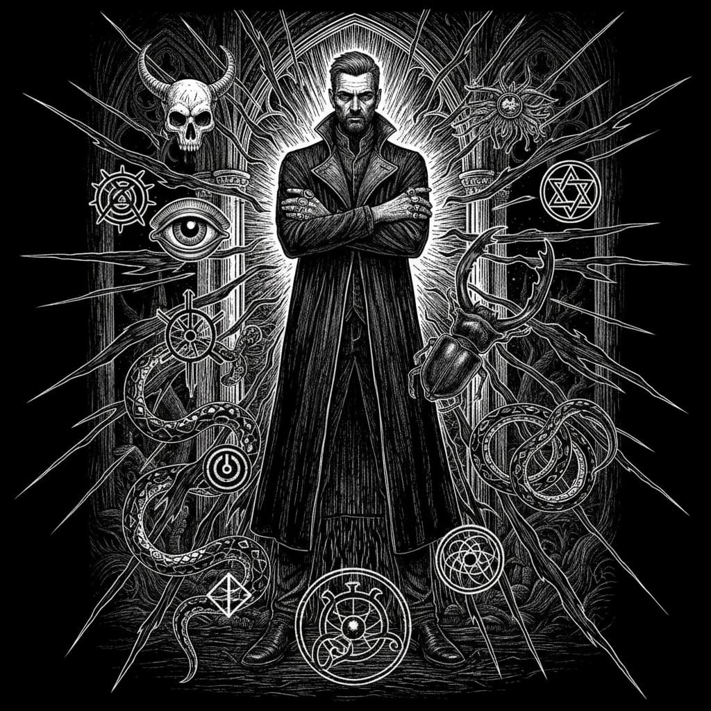 Dark aesthetic male silhouette surrounded by gothic symbols including skull, evil eye, serpent and stag beetle – Victorian woodcut illustration for dark aesthetic jewelry guide for men