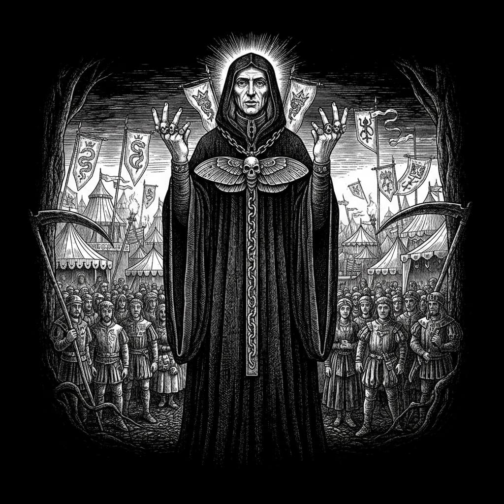 Dark figure wearing skull rings and death moth pendant at a Renaissance fair – Victorian woodcut illustration for dark aesthetic accessories guide