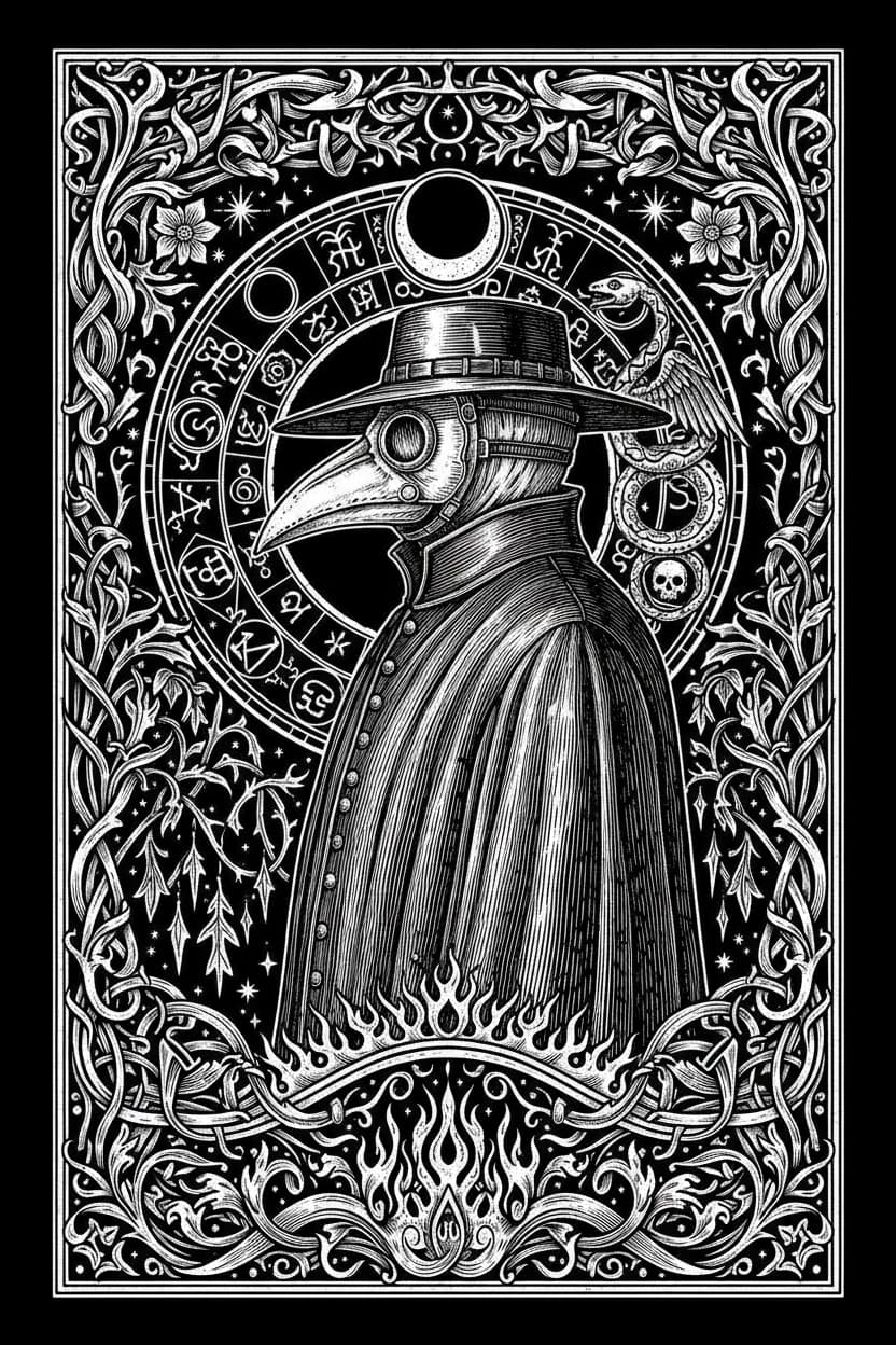 Victorian gothic woodcut illustration of a plague doctor in beaked mask, surrounded by alchemical diagrams, crescent moon, skull and serpent motifs — dark renaissance fair aesthetic blog cover by Veilhinge