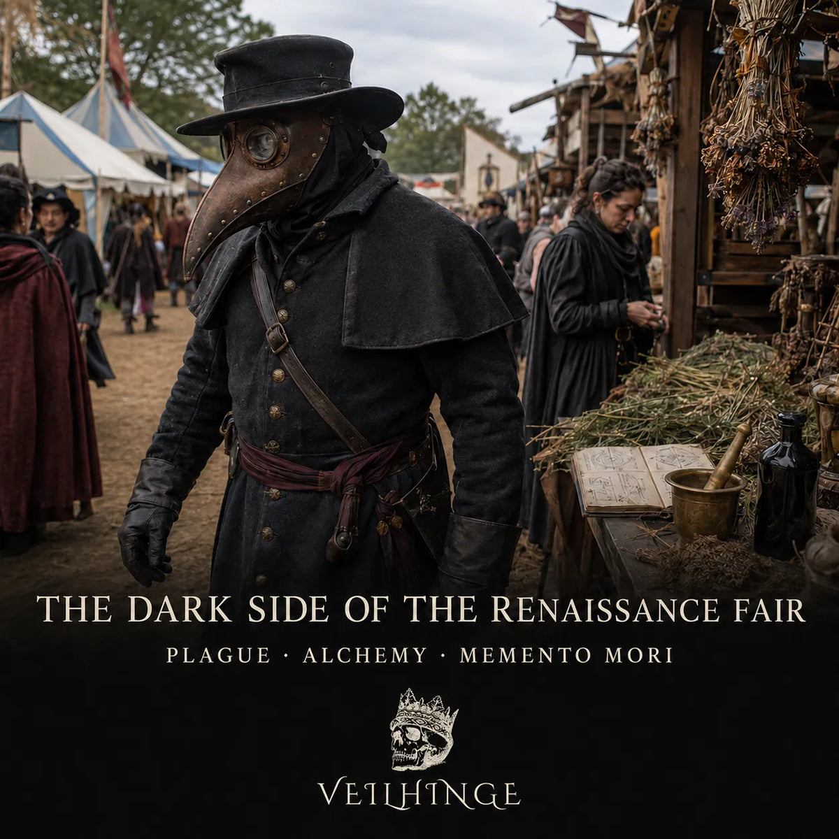 Plague-doctor-inspired attendee walking through a Renaissance fair beside a herbalist stall with dried plants, an illustrated manuscript and a brass mortar.
