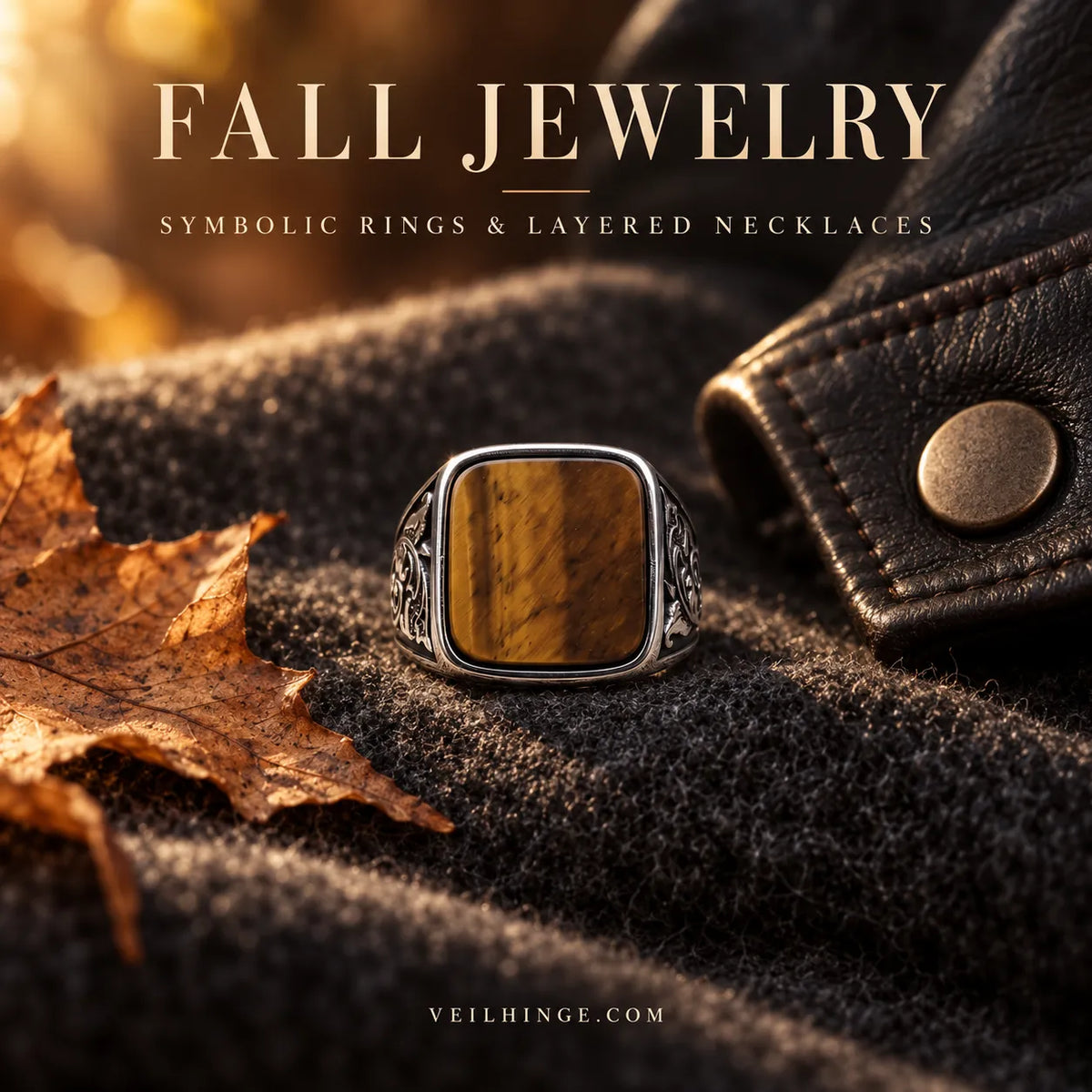 Symbolic silver rings, tiger eye ring and layered necklaces styled with dark autumn textures.