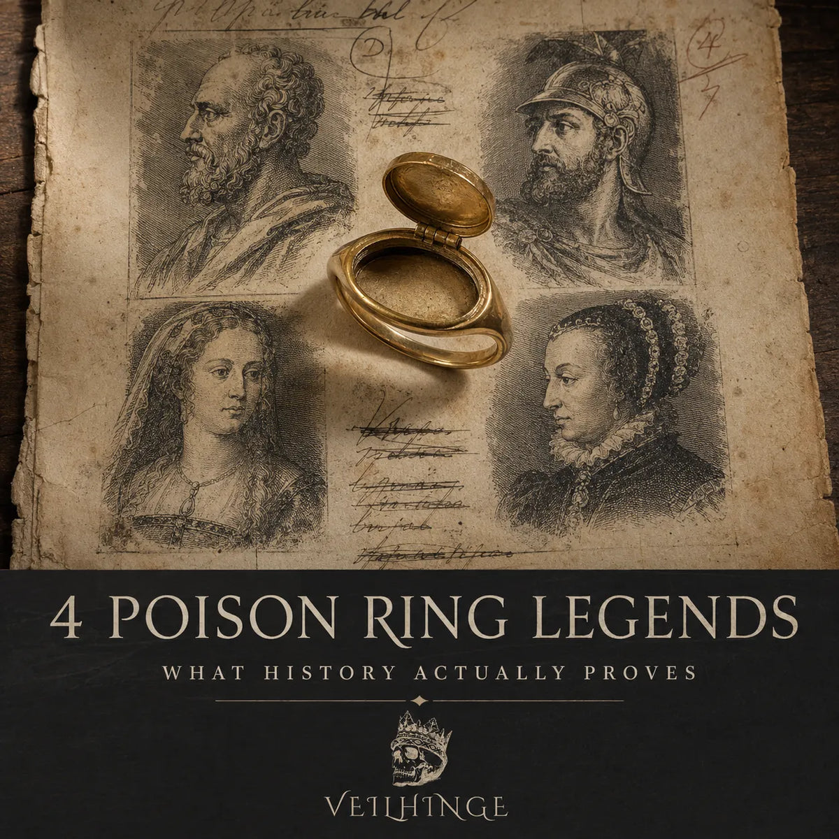 Open antique gold compartment ring displayed over engraved portraits of four historical figures associated with poison ring legends.
