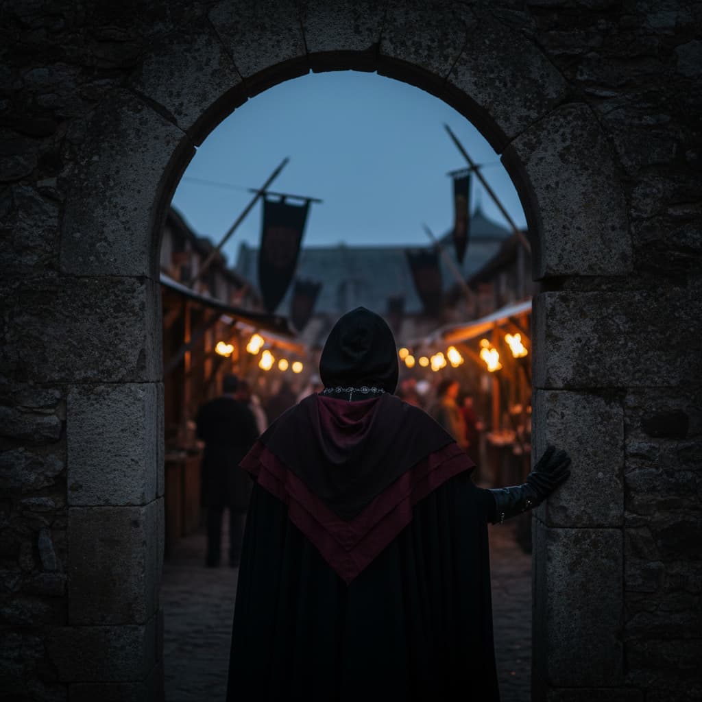 Dark-cloaked figure at the entrance of a candlelit gothic medieval fair at dusk — atmospheric editorial, dark romantic character styling