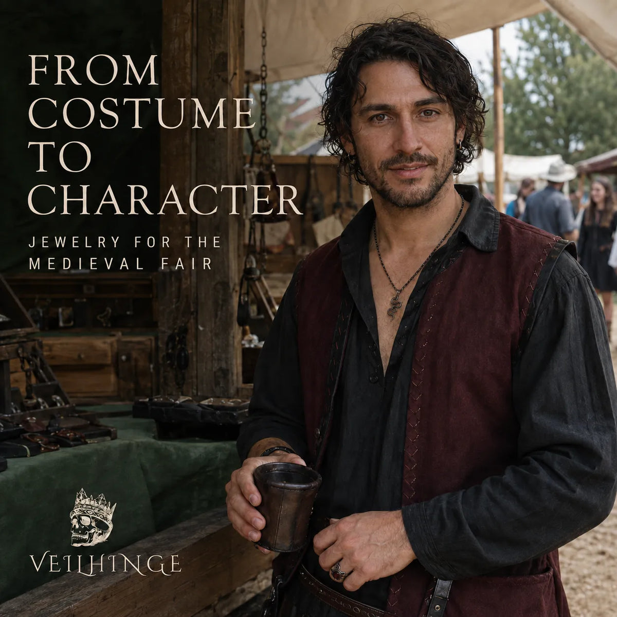 Medieval fair participant in a burgundy velvet outfit looking naturally at the camera while wearing symbolic jewelry.