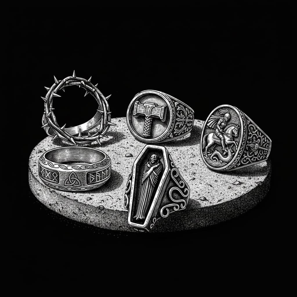 Five dark aesthetic rings in Victorian woodcut style – Thor Mjolnir signet, Saint George dragon slayer, Dracula coffin, Viking rune triquetra, and Crown of Thorns rings arranged in circular composition for gothic jewelry styling guide