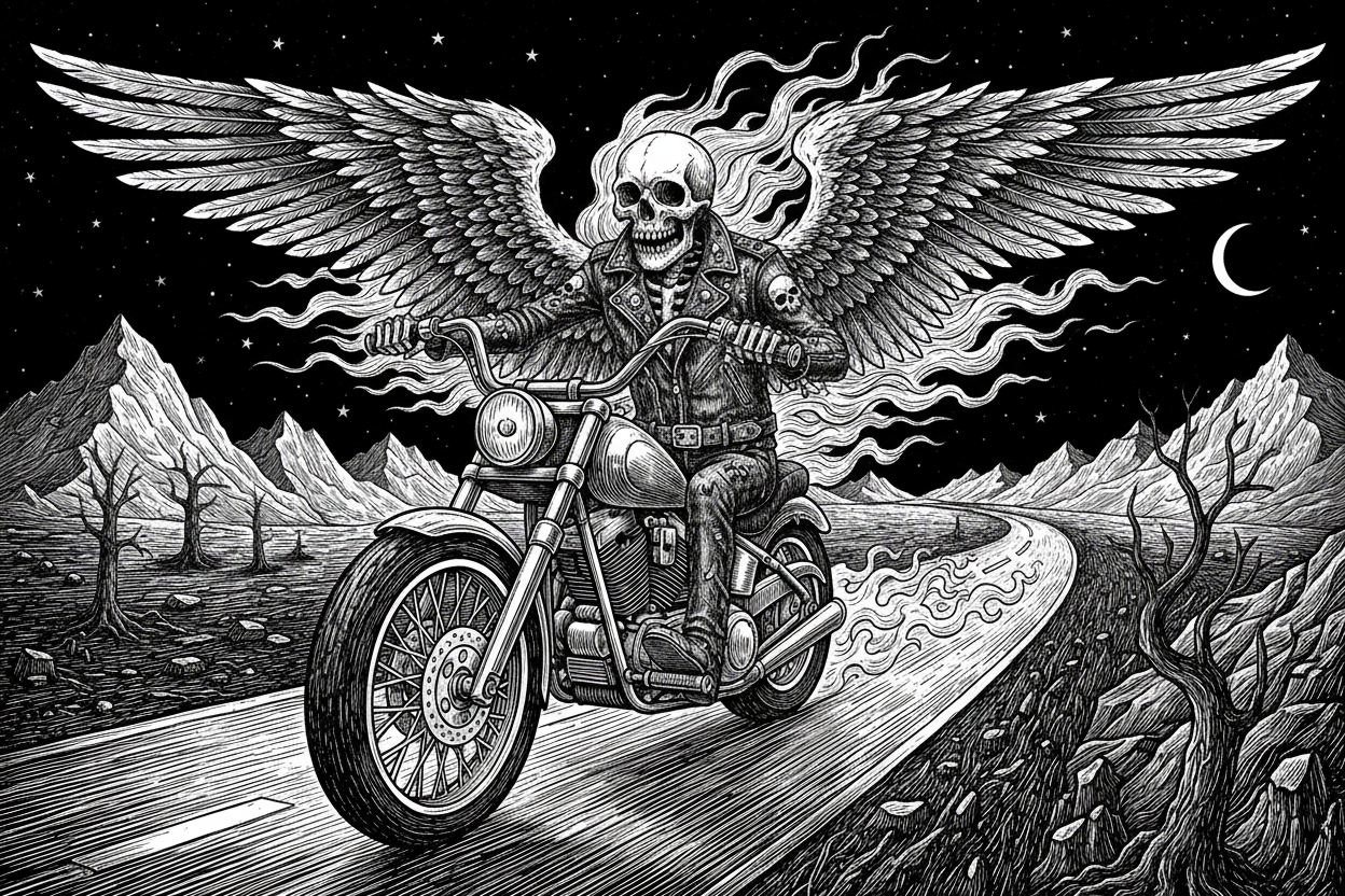 Skeleton skull riding a Harley-Davidson cruiser on an open highway – Victorian woodcut style illustration for dark aesthetic biker skull jewelry