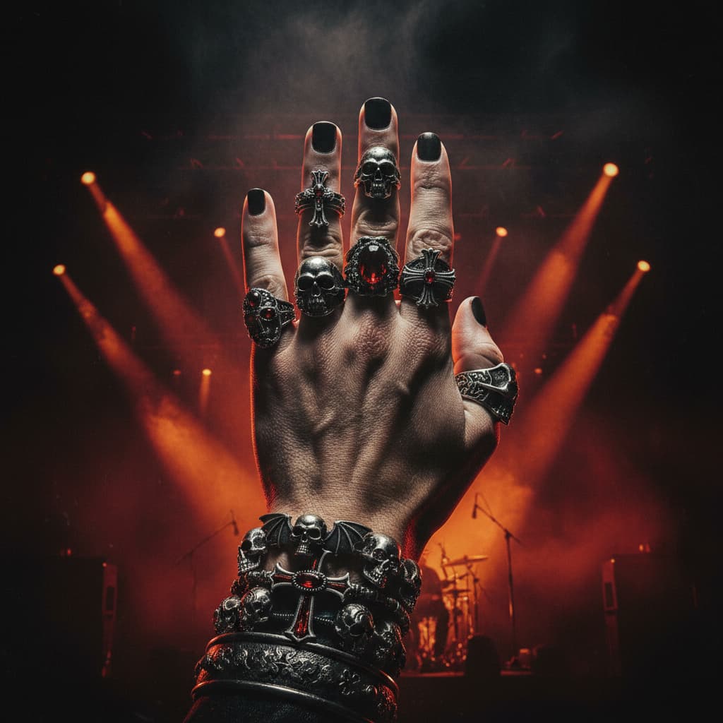 A ringed hand wearing multiple skull rings and gothic bands, raised against a dark smoky concert stage with dramatic red light — the visual language of heavy metal jewelry culture.