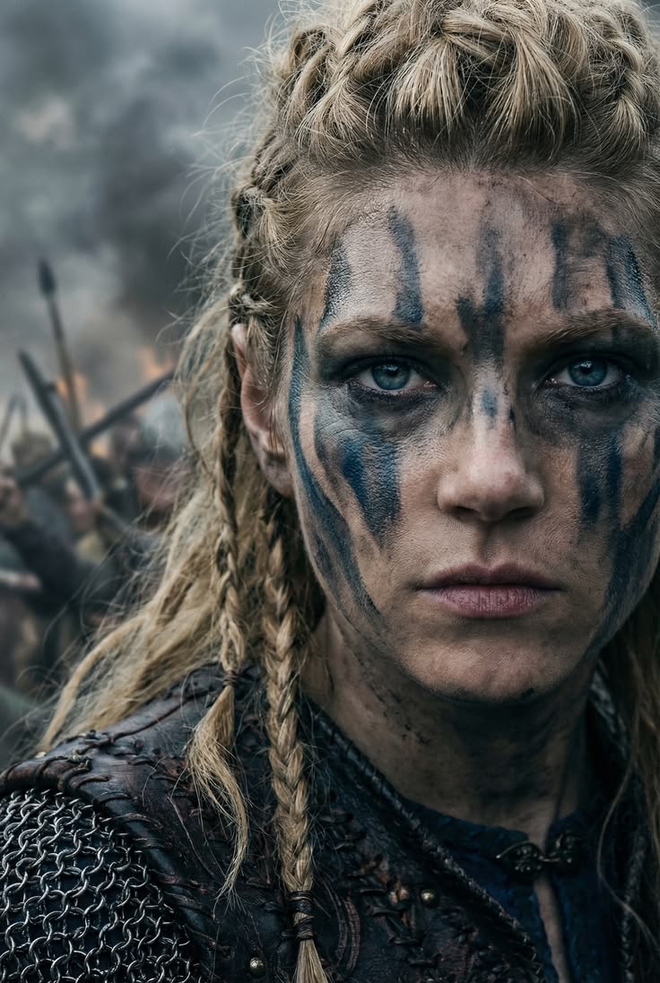 Lagertha from Vikings TV series — shieldmaiden with blue-black war paint braided hair and chainmail armor before battle