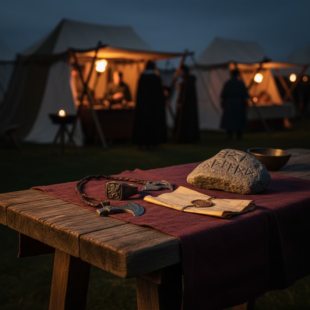 Weathered medieval merchant table with darkened iron rings, Viking axe pendant, and runestone fragments — atmospheric torchlight, dark aesthetic editorial