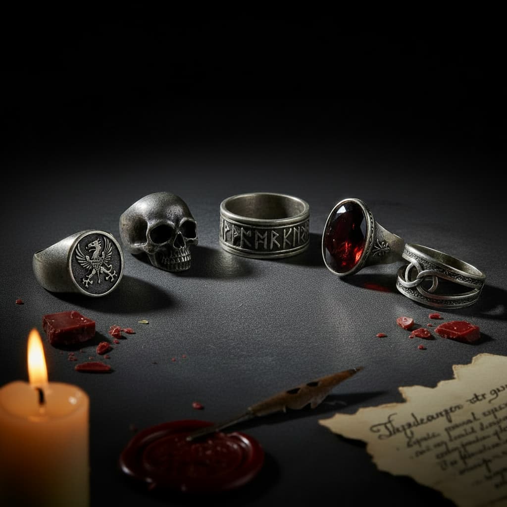 Five medieval rings on dark stone in candlelight — signet, skull, rune, poison ring with garnet stone, and gimmel ring as historical artifacts