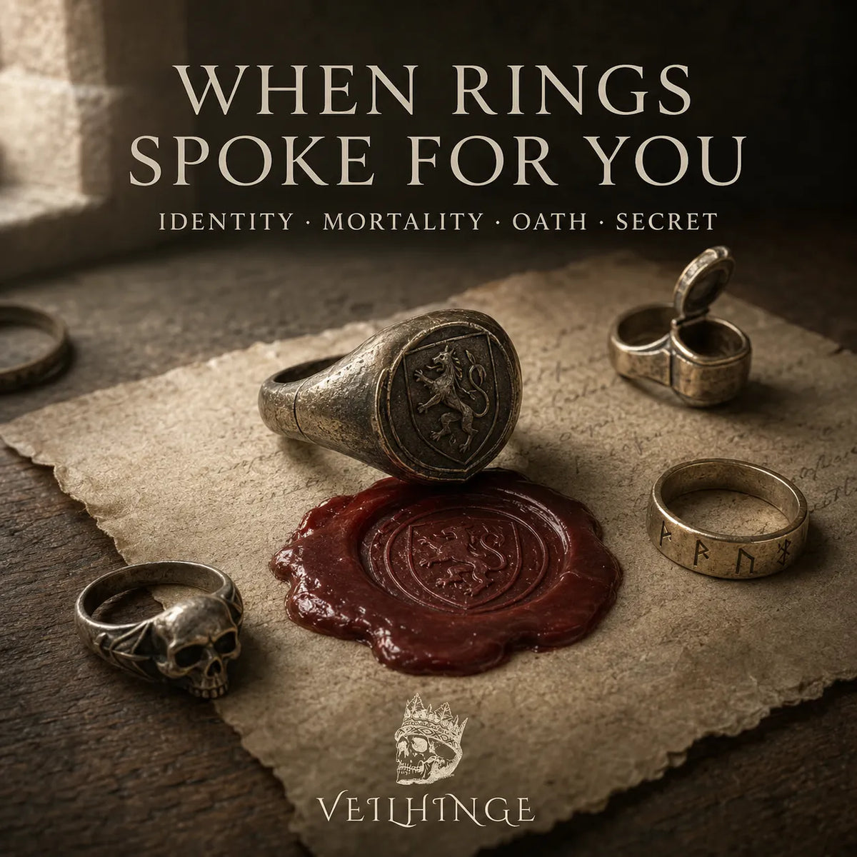 Medieval signet ring beside a red wax seal, skull ring, rune band and open compartment ring on aged parchment.