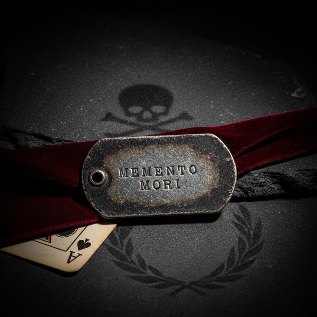 A tarnished military dog tag engraved with Memento Mori rests on dark stone and crimson velvet, with subtle skull insignia and VEILHINGE branding.