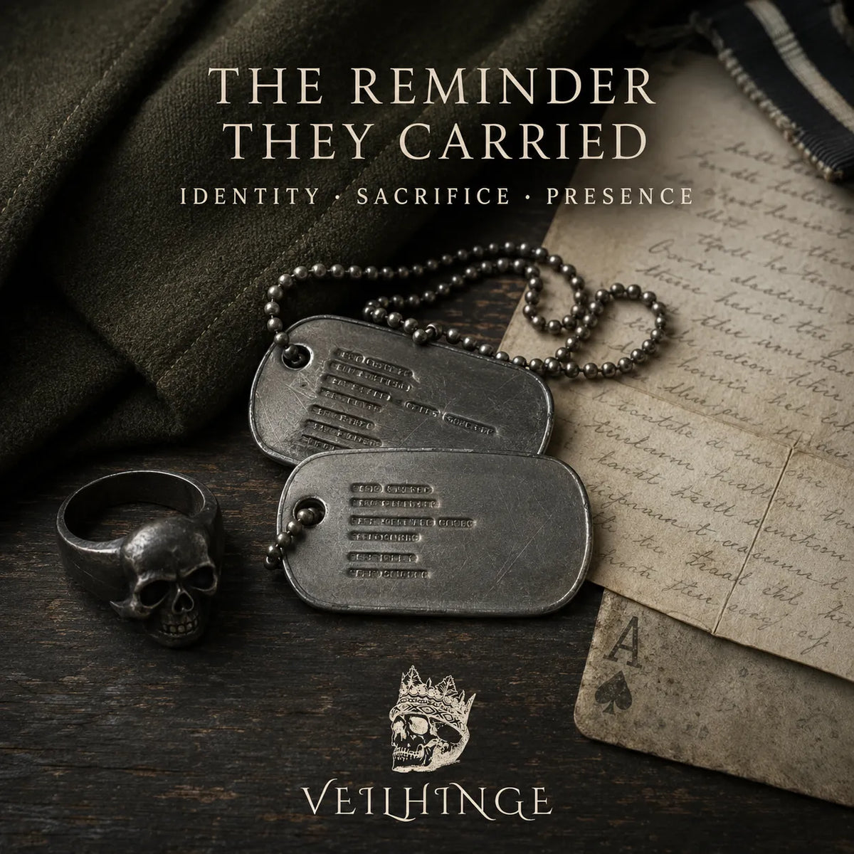 Pair of worn military dog tags beside a blackened skull ring, field letter and faded Ace of Spades card.