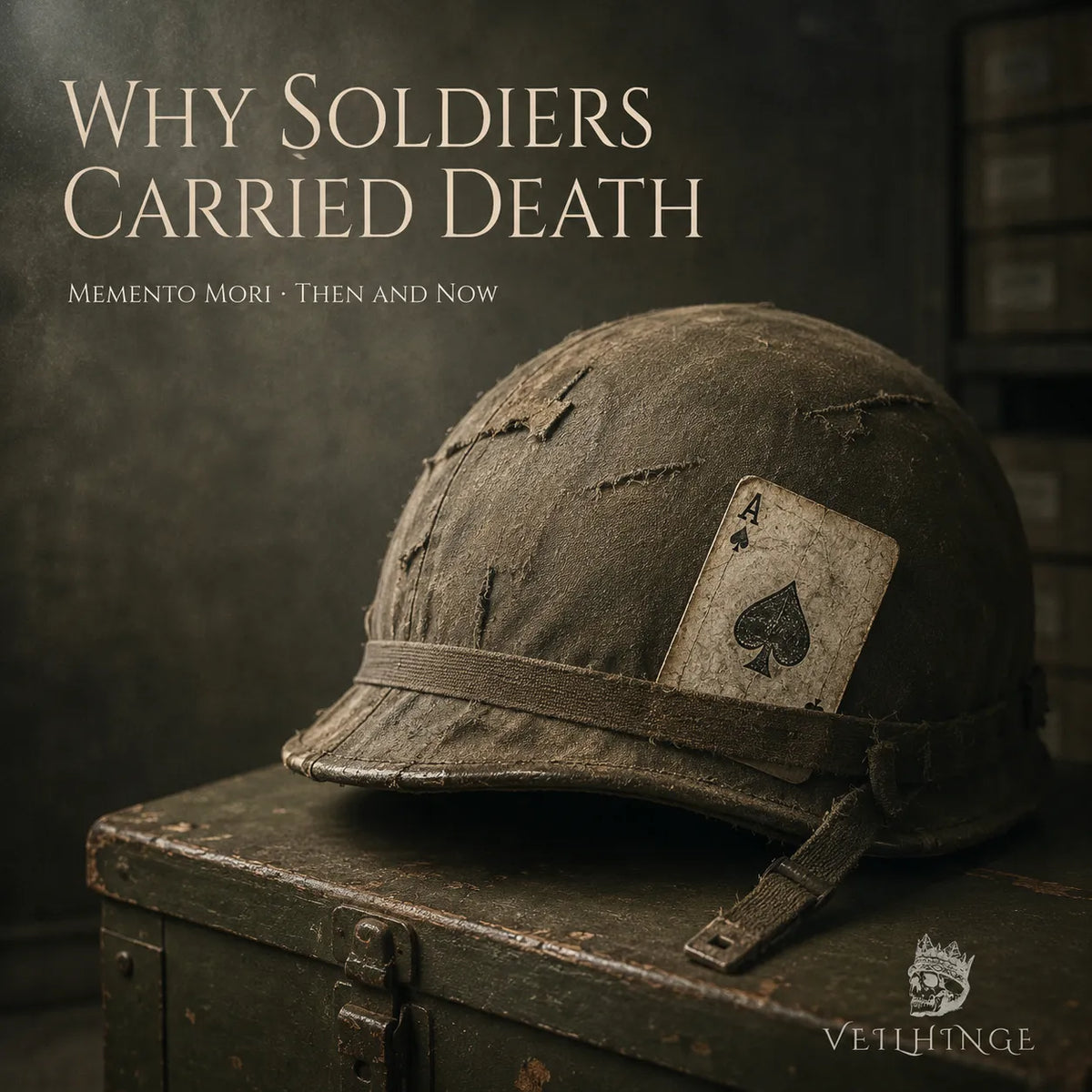 Weathered military helmet with an aged Ace of Spades tucked into its band, symbolizing the memento mori tradition among soldiers.