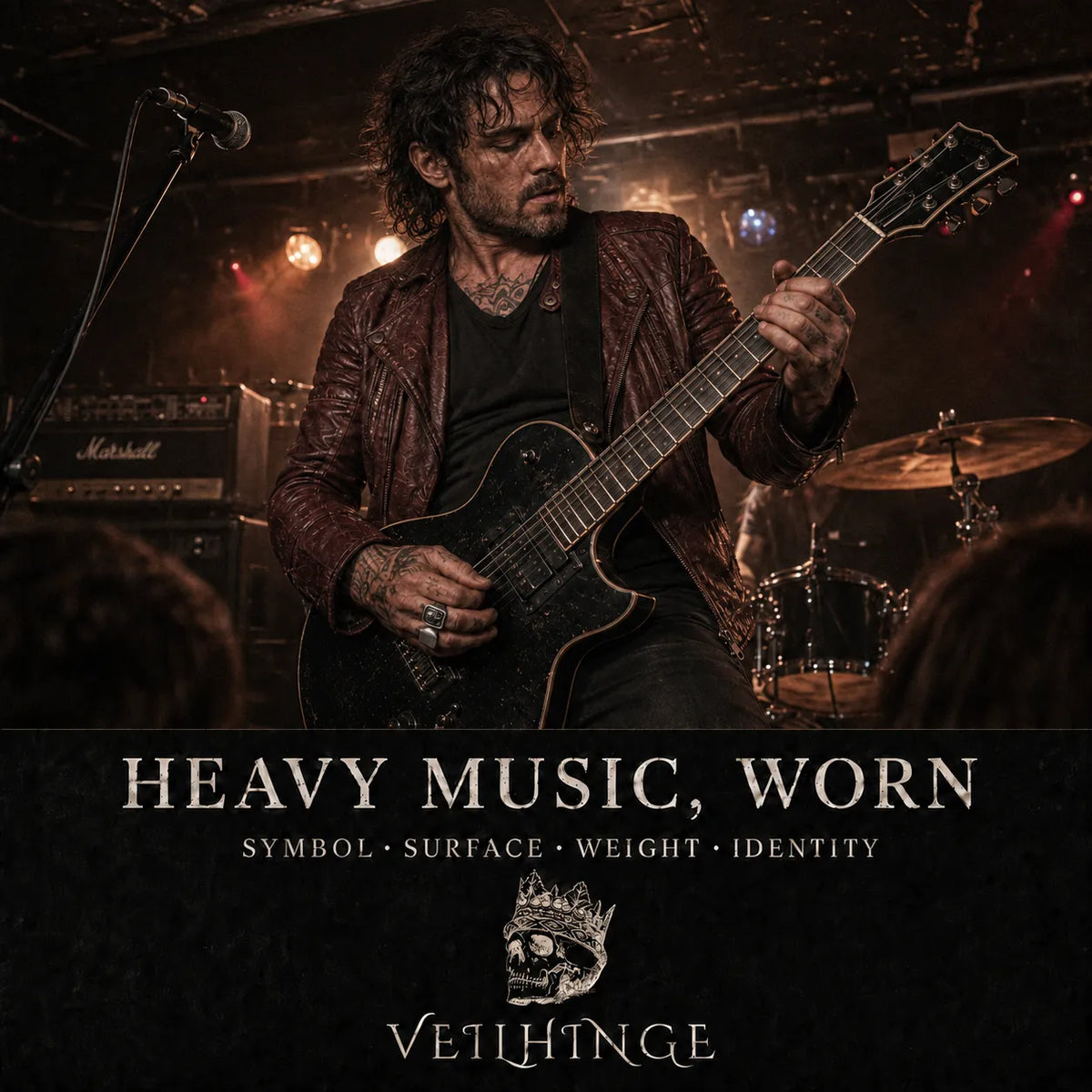 Rock guitarist wearing two silver signet rings while performing onstage at an intimate live music venue.