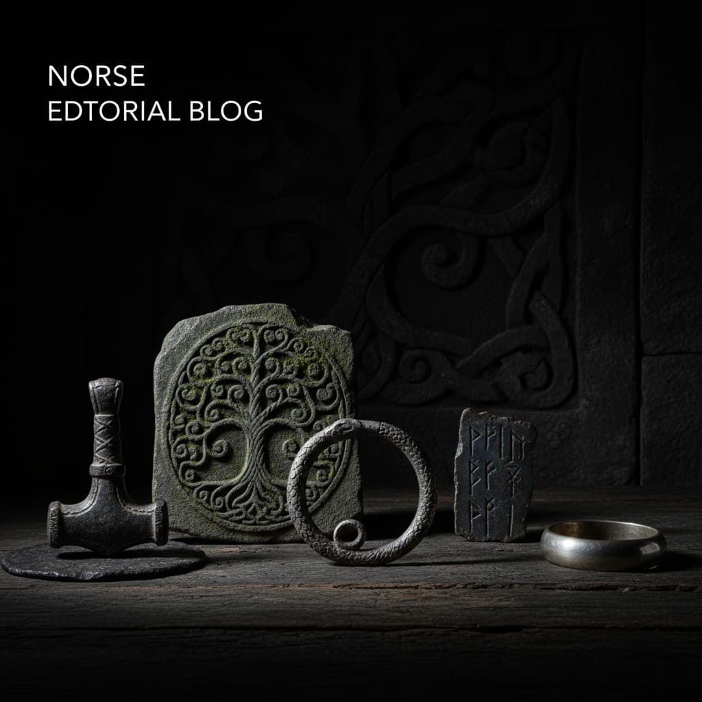 Five Norse symbols as ancient relics — Mjolnir, Yggdrasil, serpent, runes, and oath ring on dark wood, Viking Age material culture editorial