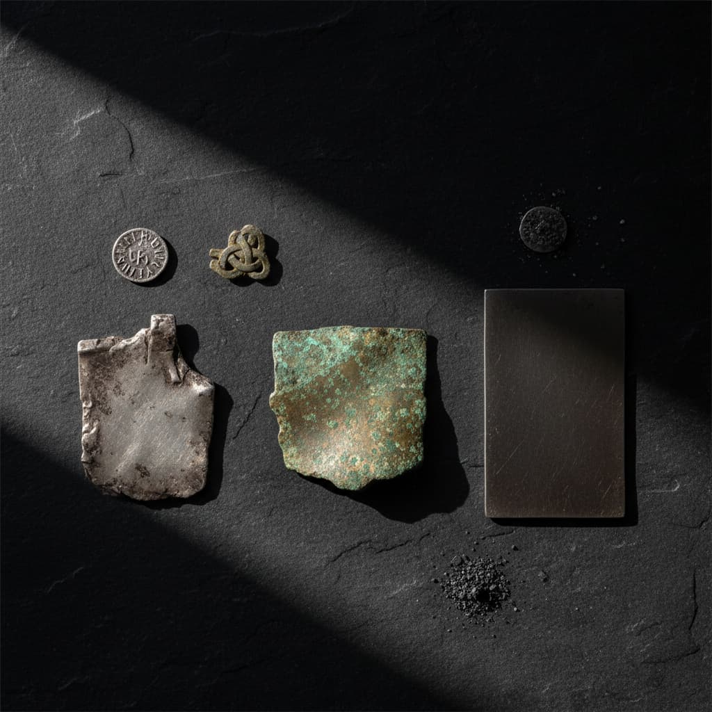 Tarnished Viking silver, aged bronze with patina, and dark steel arranged on stone — Norse jewelry material comparison, museum study editorial