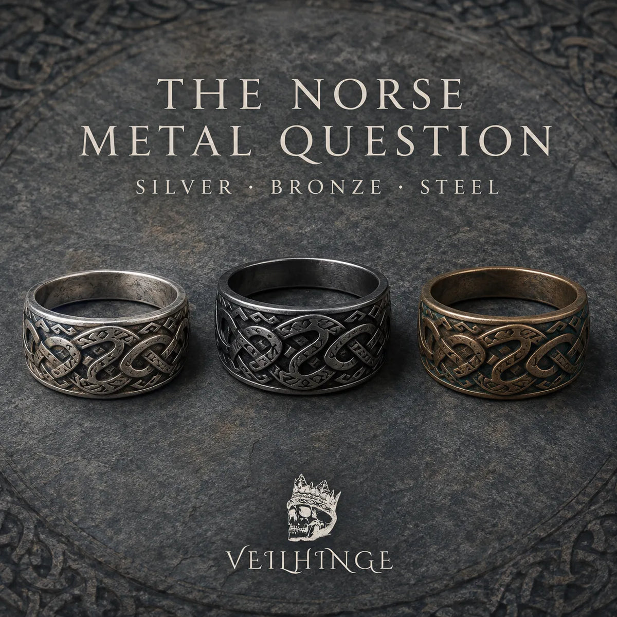 Three matching Norse serpent rings in silver, darkened steel and bronze beneath the title The Norse Metal Question.
