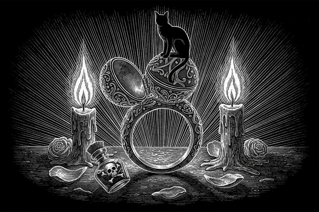 Ornate poison ring with hinged sphere compartment and cat silhouette – Victorian woodcut illustration for dark aesthetic poison ring history and symbolism guide