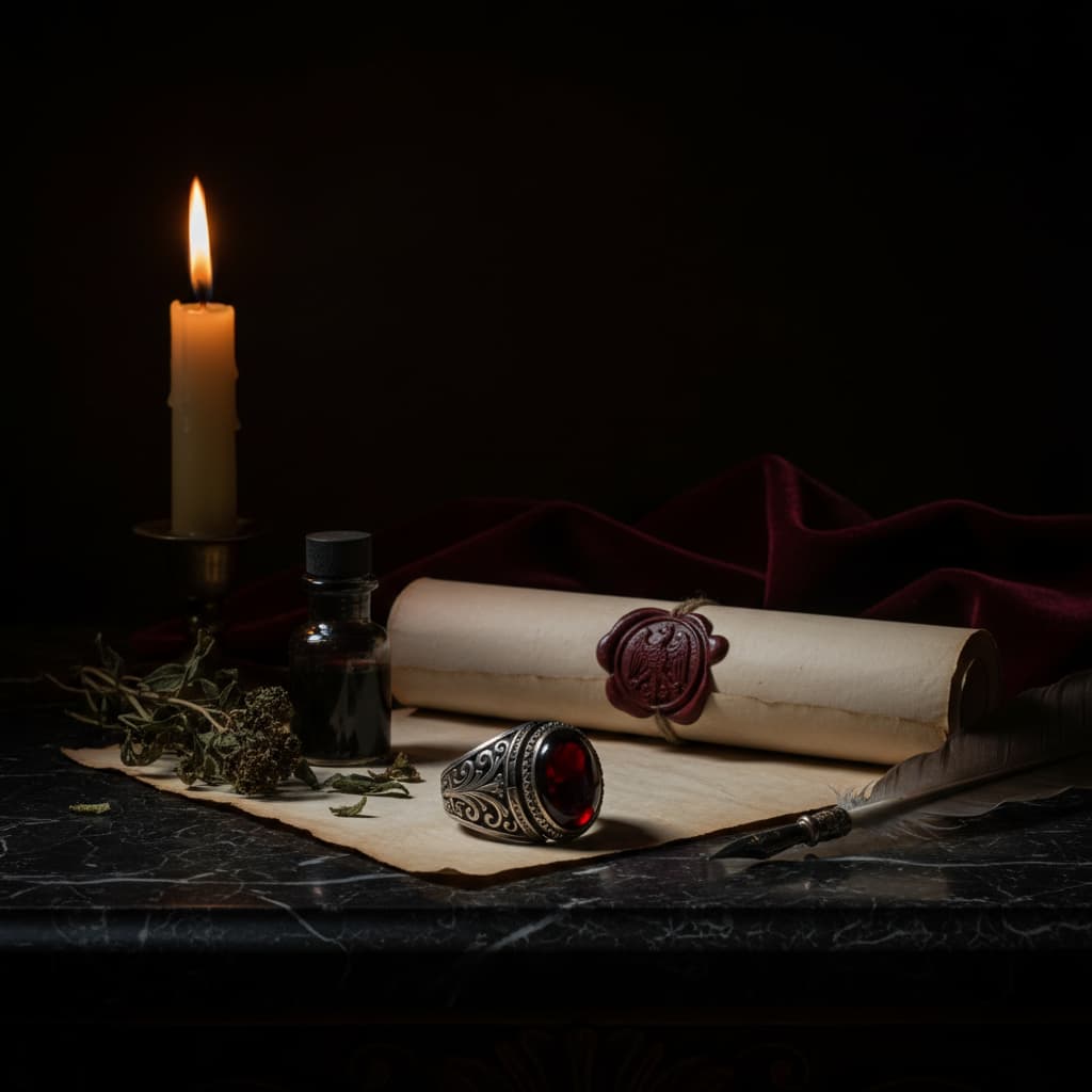 Ornate poison ring with garnet stone on dark marble beside sealed parchment and glass vial — Renaissance political intrigue, candlelit editorial