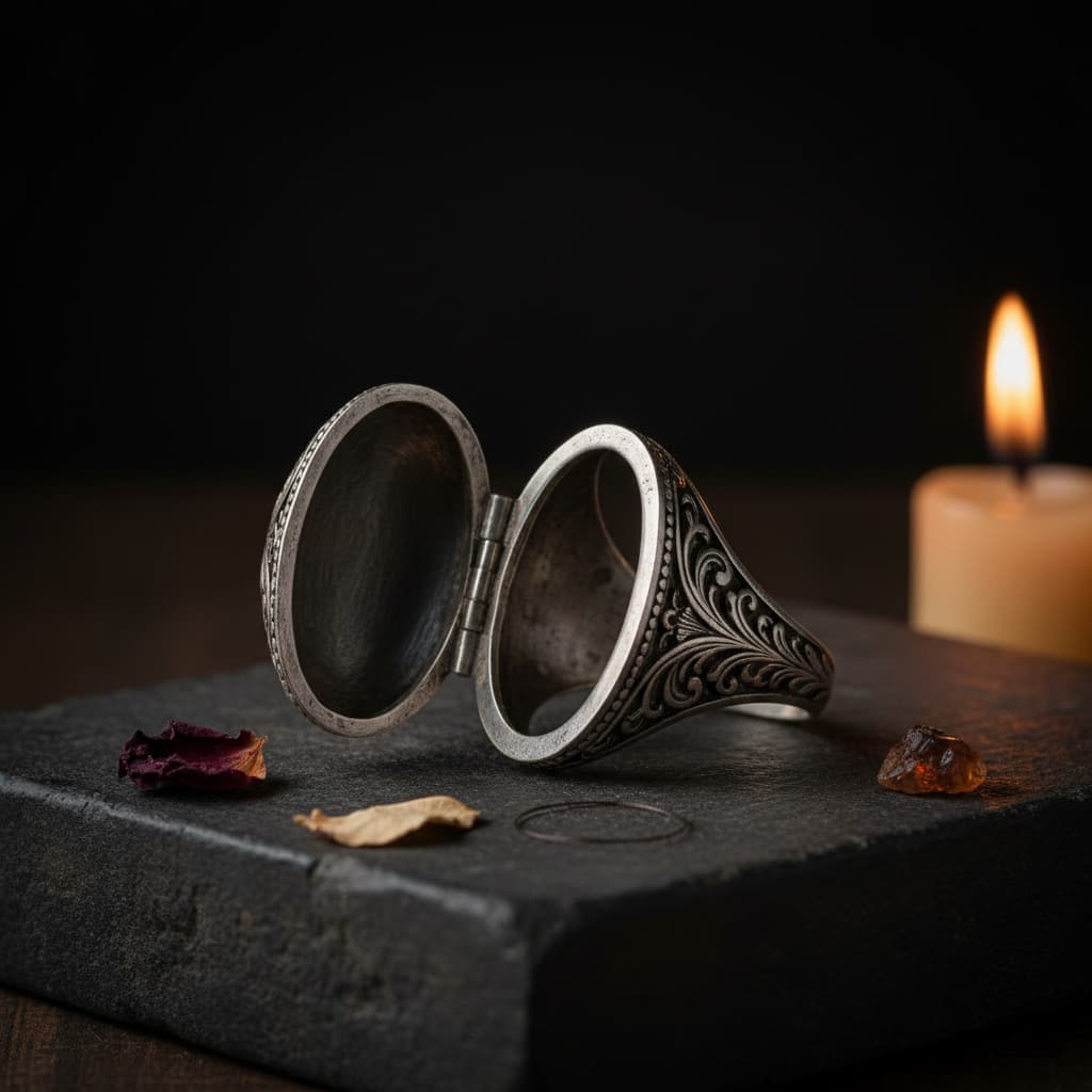 Renaissance locket ring with hinged lid open on dark stone, surrounded by dried petal and coiled hair — poison ring dark history editorial