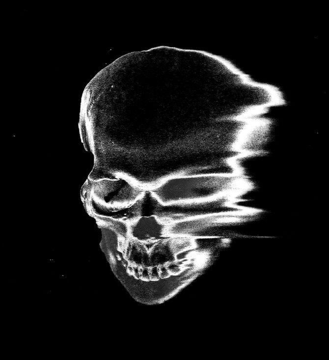 Glitch skull dark aesthetic — biker memento mori symbol in high contrast black and white