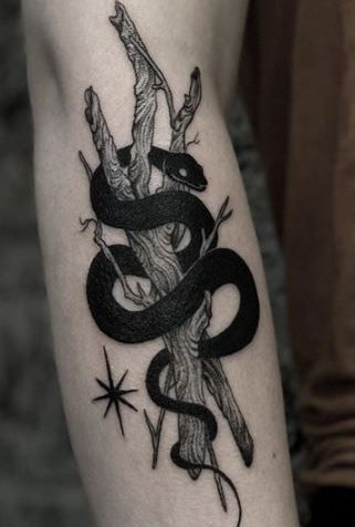 black snake wrapped around dead tree tattoo — dark witchcore aesthetic, serpent and branches forearm tattoo, transformation symbol