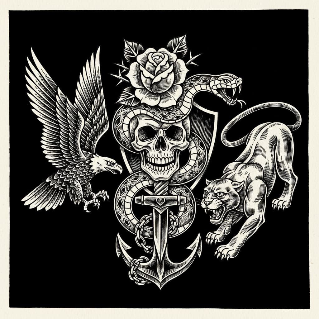 Seven classic American traditional tattoo symbols woodcut engraving — skull, snake, rose, dagger, eagle, panther, anchor