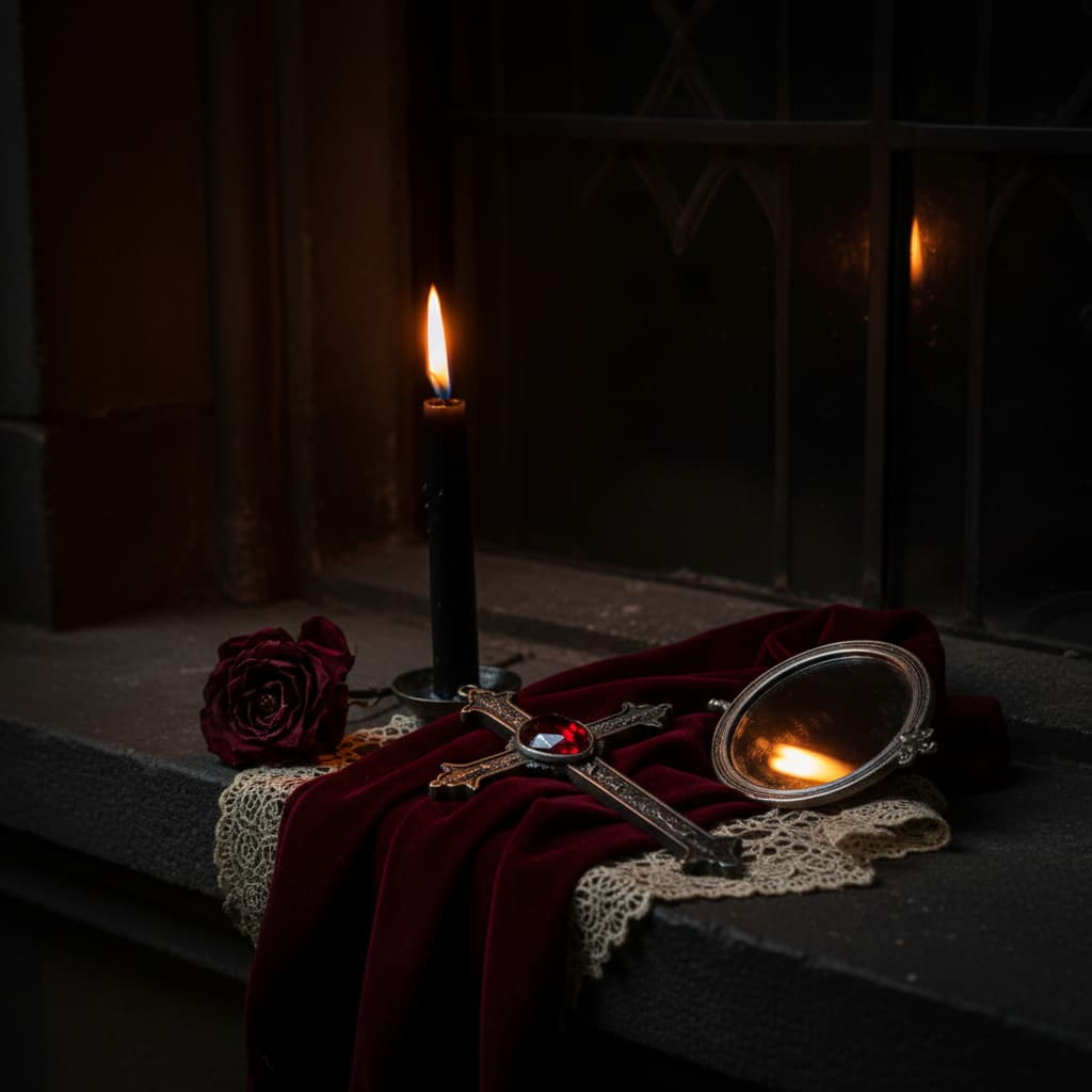 Gothic cross with deep red garnet stone on crimson velvet beside black candle and dried rose — vampirecore dark romantic editorial, Victorian atmosphere