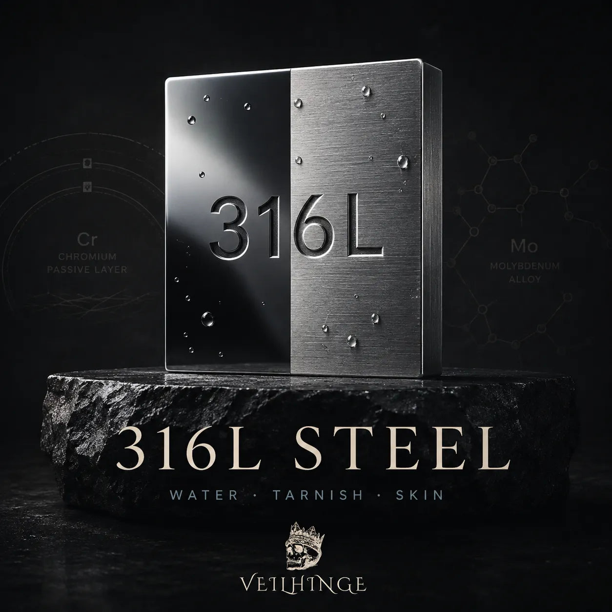 316L stainless-steel specimen with polished and brushed finishes, water droplets and VEILHINGE branding on a dark editorial cover.