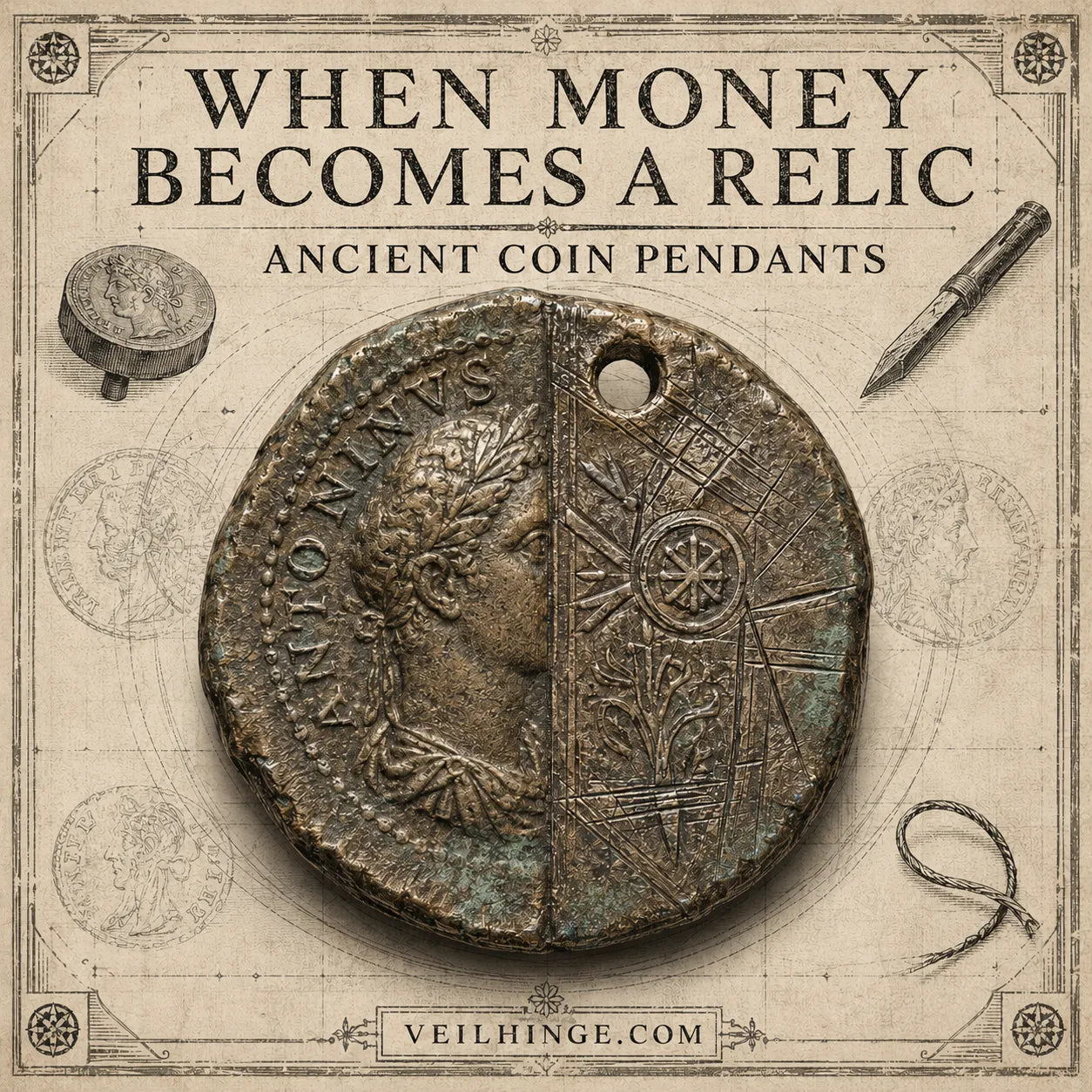 Ancient coin transformed by a suspension hole and hand-cut talisman marks, illustrating how old money becomes a personal relic.