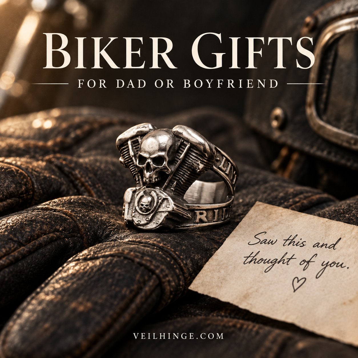 Live to Ride V-twin skull ring on leather motorcycle gloves beside a gift note, with Biker Gifts for Dad or Boyfriend text.
