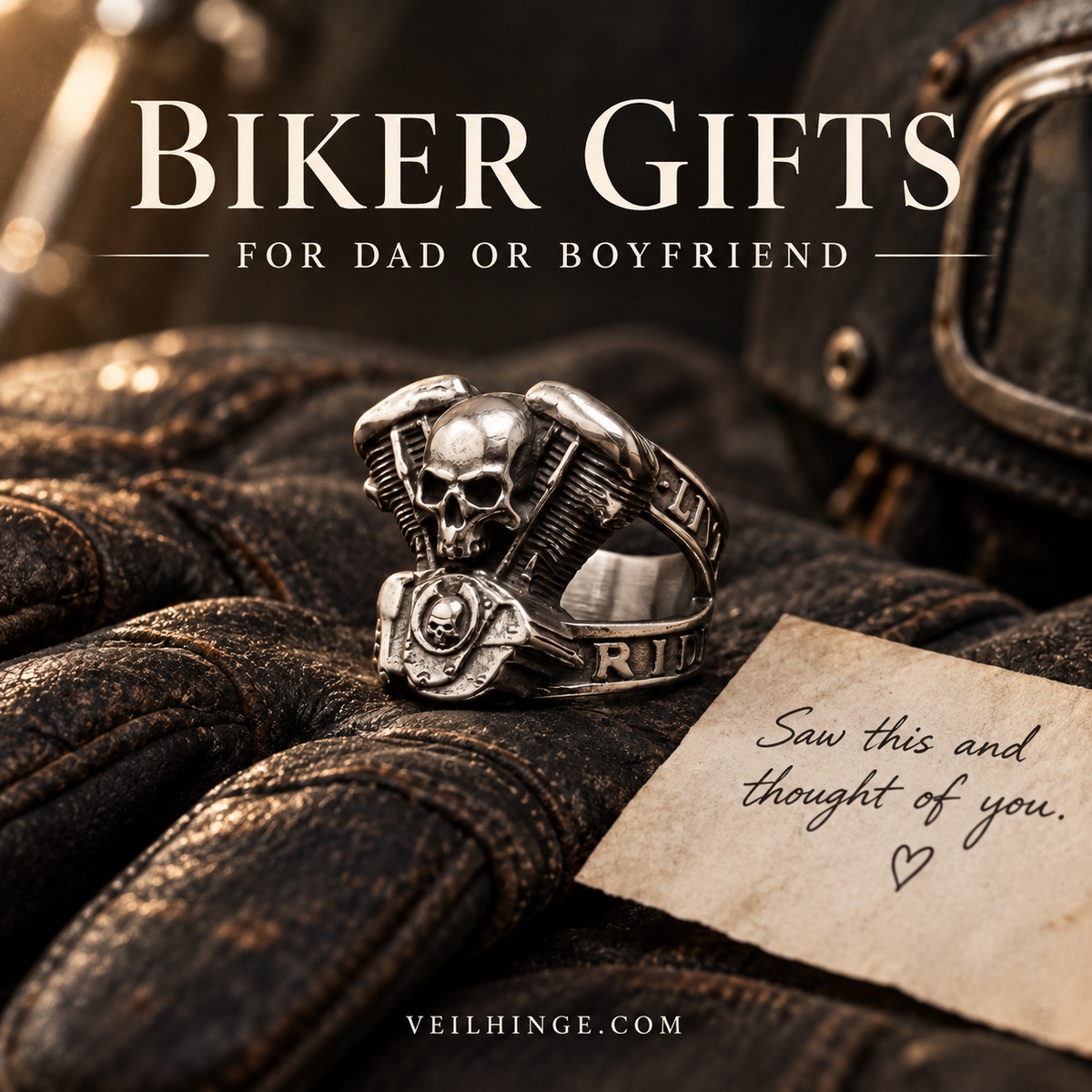 Live to Ride V-twin skull ring on leather motorcycle gloves beside a gift note, with Biker Gifts for Dad or Boyfriend text.