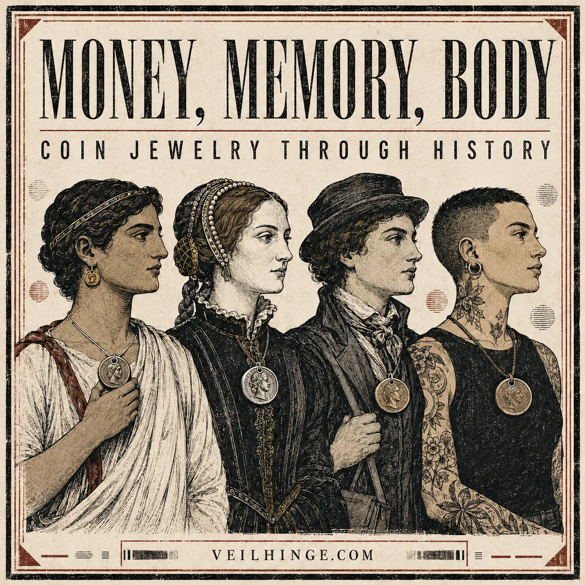 Four people from ancient, Renaissance, Victorian and modern eras wearing coin jewelry connected by a continuous thread of memory.