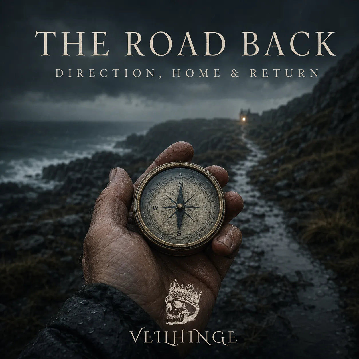 Rain-soaked hand holding an aged brass compass on a dark coastal path leading toward a distant light, symbolizing direction, home and return.