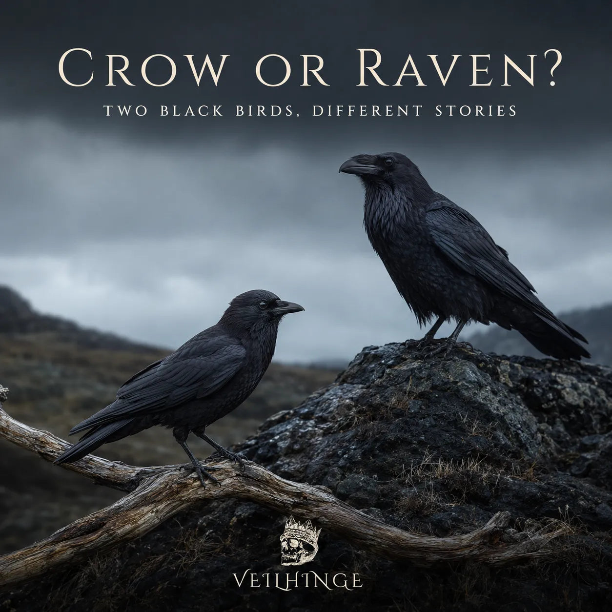 Crow on a weathered branch beside a larger raven on dark rock, representing their different meanings in tattoo symbolism.