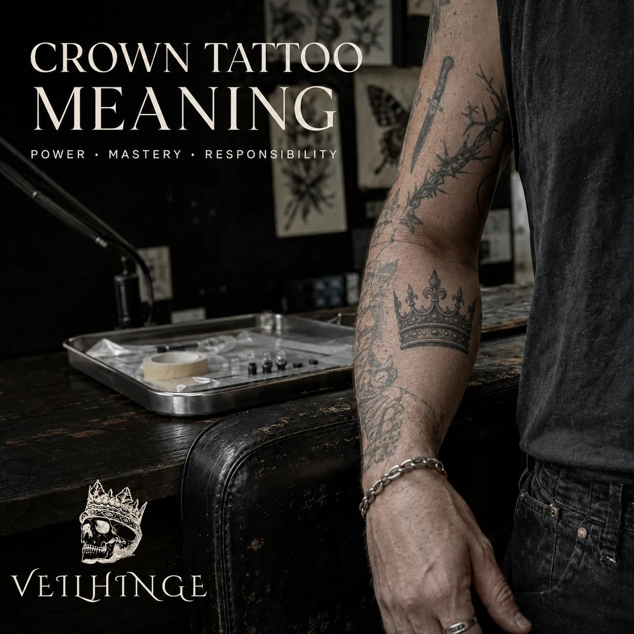 Healed black-and-gray crown tattoo on a naturally resting tattooed forearm inside a working tattoo studio.