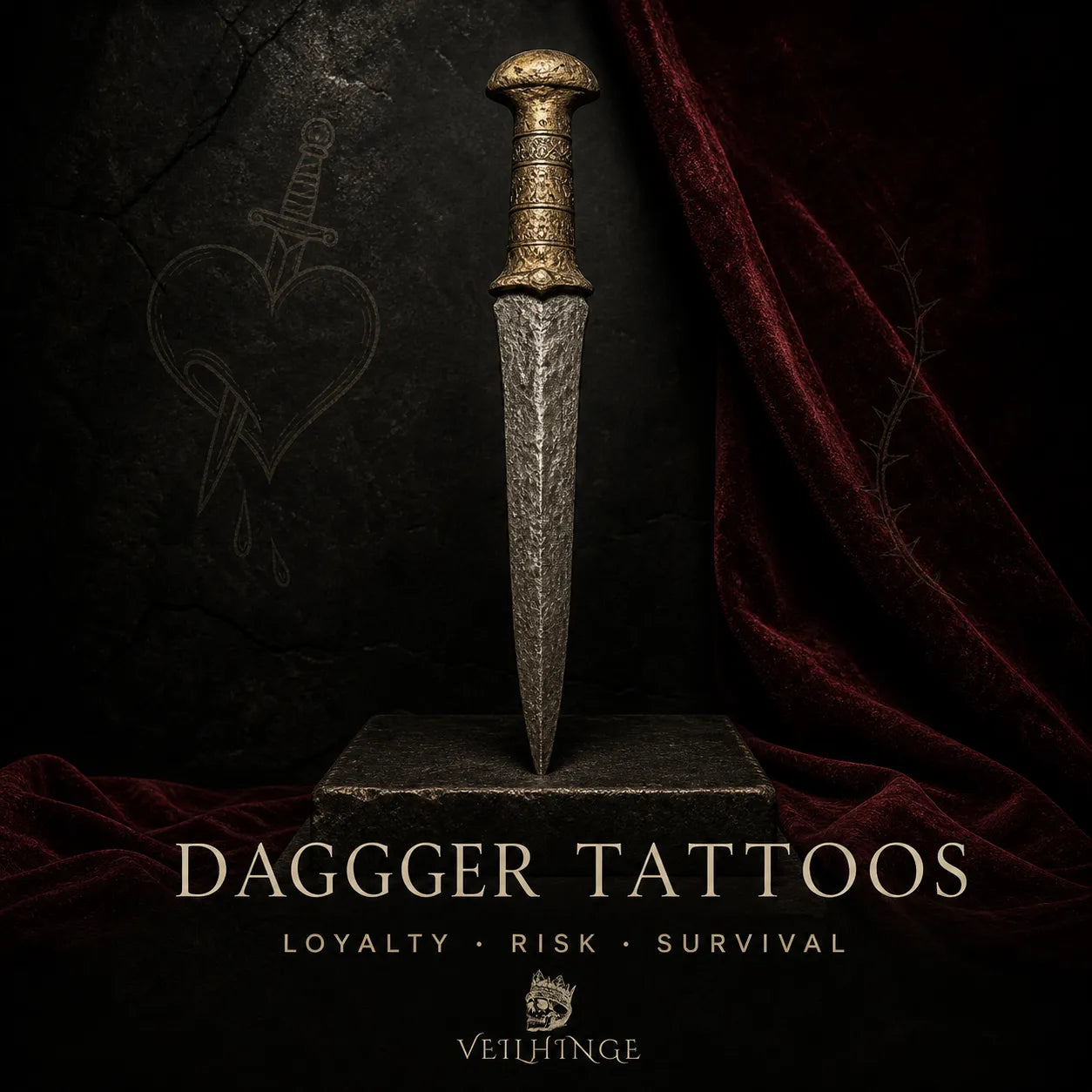 Ancient ceremonial dagger representing loyalty, risk and survival on a dark VEILHINGE blog cover.