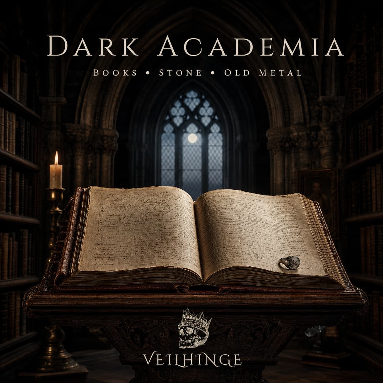 Dark academia editorial cover featuring an antique open book on an oak lectern beneath Gothic library arches, illuminated by candlelight with a subtle aged signet ring.