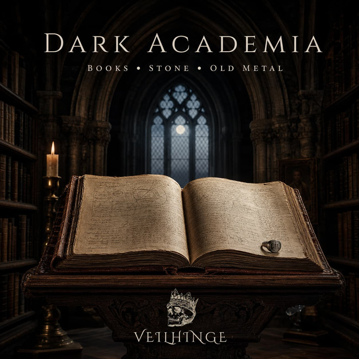 Dark academia editorial cover featuring an antique open book on an oak lectern beneath Gothic library arches, illuminated by candlelight with a subtle aged signet ring.