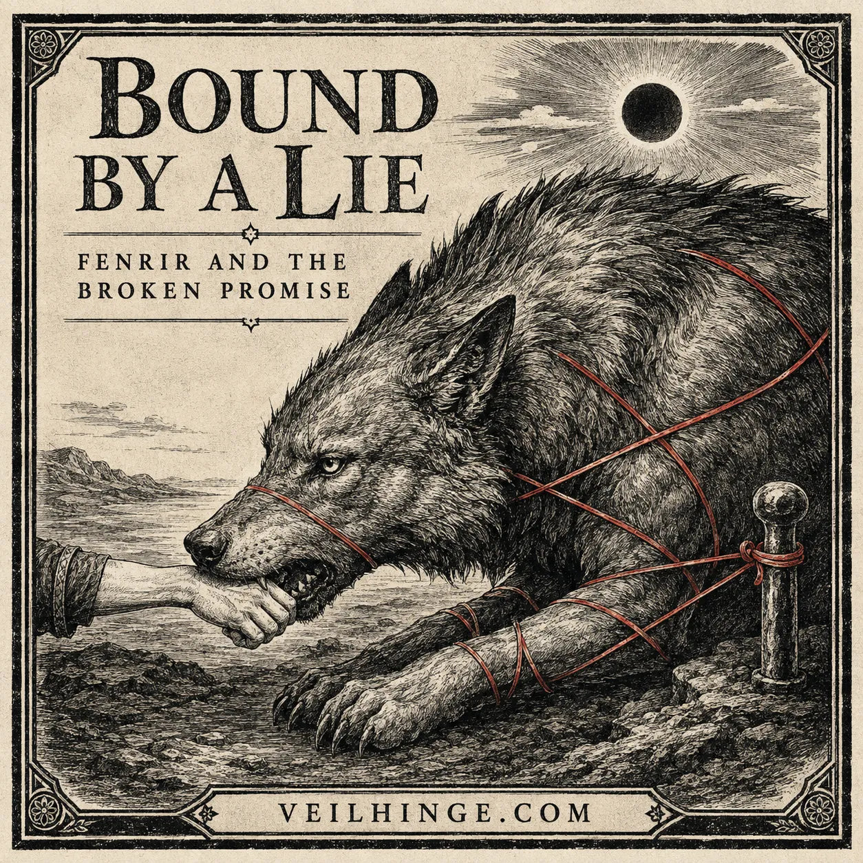 Vintage engraving of Fenrir restrained by the red Gleipnir cord while Tyr places his hand in the wolf’s mouth as a pledge of trust.
